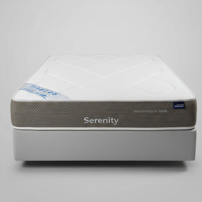Bed with a mattress in a room with decorative wall tiles , the brand name is Auconfort , the main name of this mattress is Serenity.